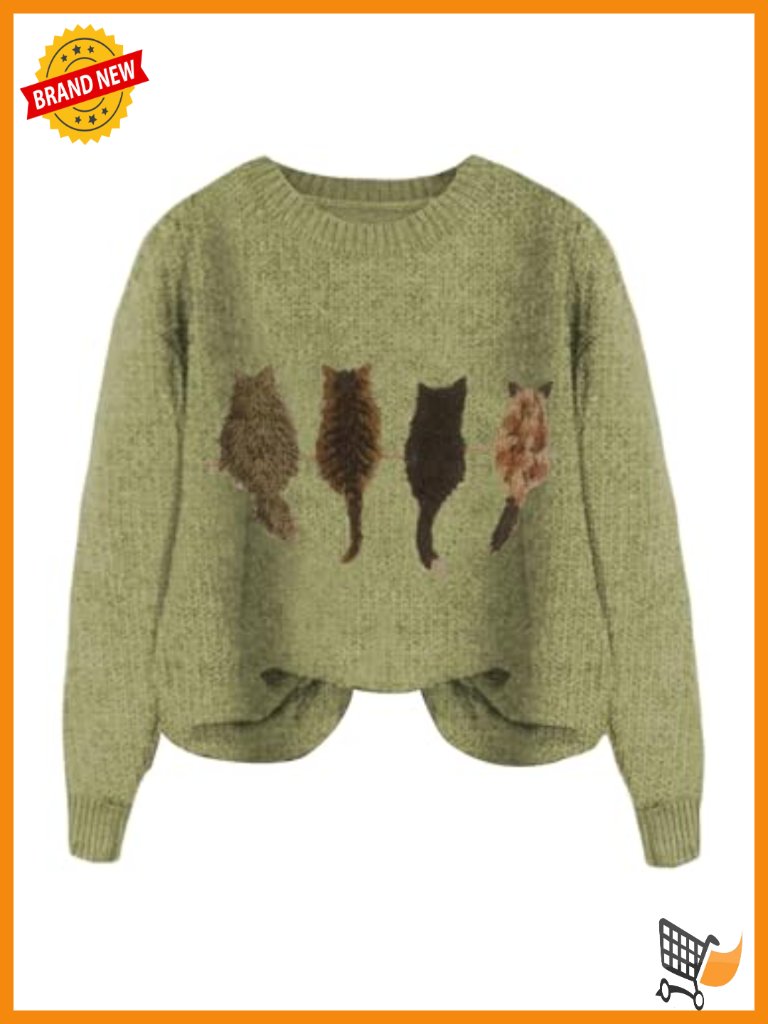 Women's Cat Graphic Pullover Sweater Long Sleeve Crew Neck Knit Top